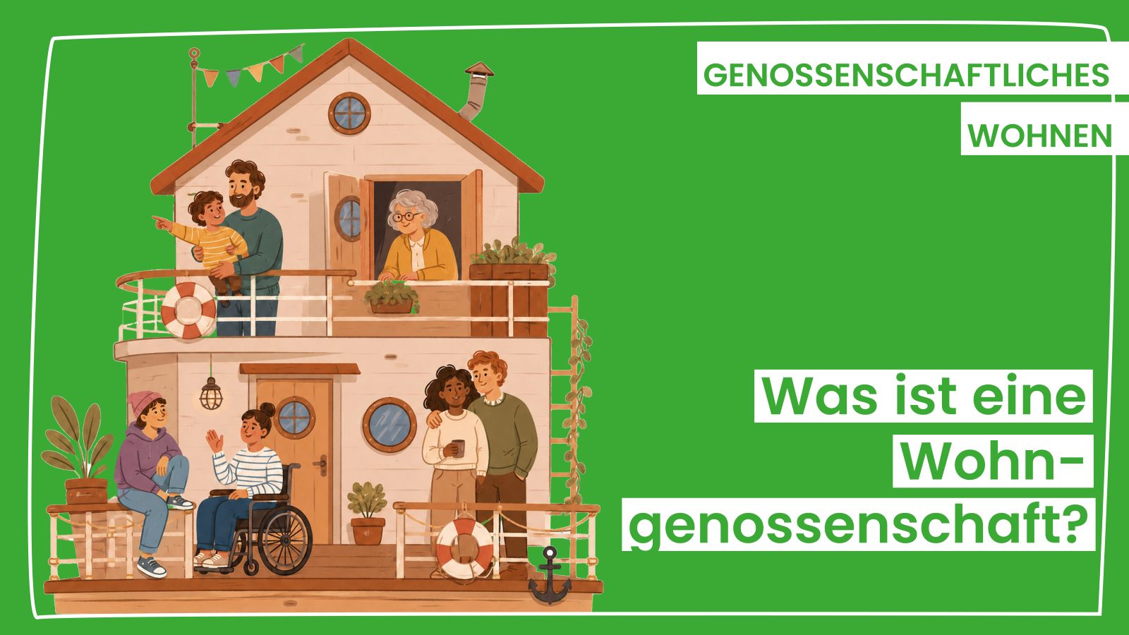 Serie 'Wohngenossenschaft verstehen' - Wohngenossenschaft_web Illustration einer Wohngenossenschaft als Haus-Boot mit verschiedenen Bewohner:innen