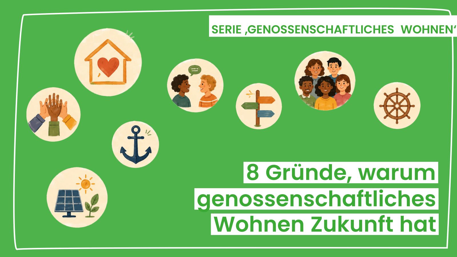Serie ‚genossenschaftliches Wohnen’2_web Illustration zu genossenschaftlichem Wohnen mit Haus-Boot, Bewohner:innen und Symbolen für Zukunft, Nachbarschaft und Mitbestimmung